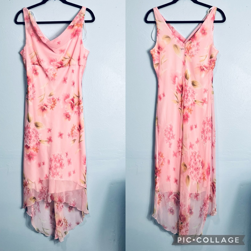 Vintage Y2K 90s B. Smart sz. M? Floral Maxi Dress Draped Cowl Neck Lined Pink